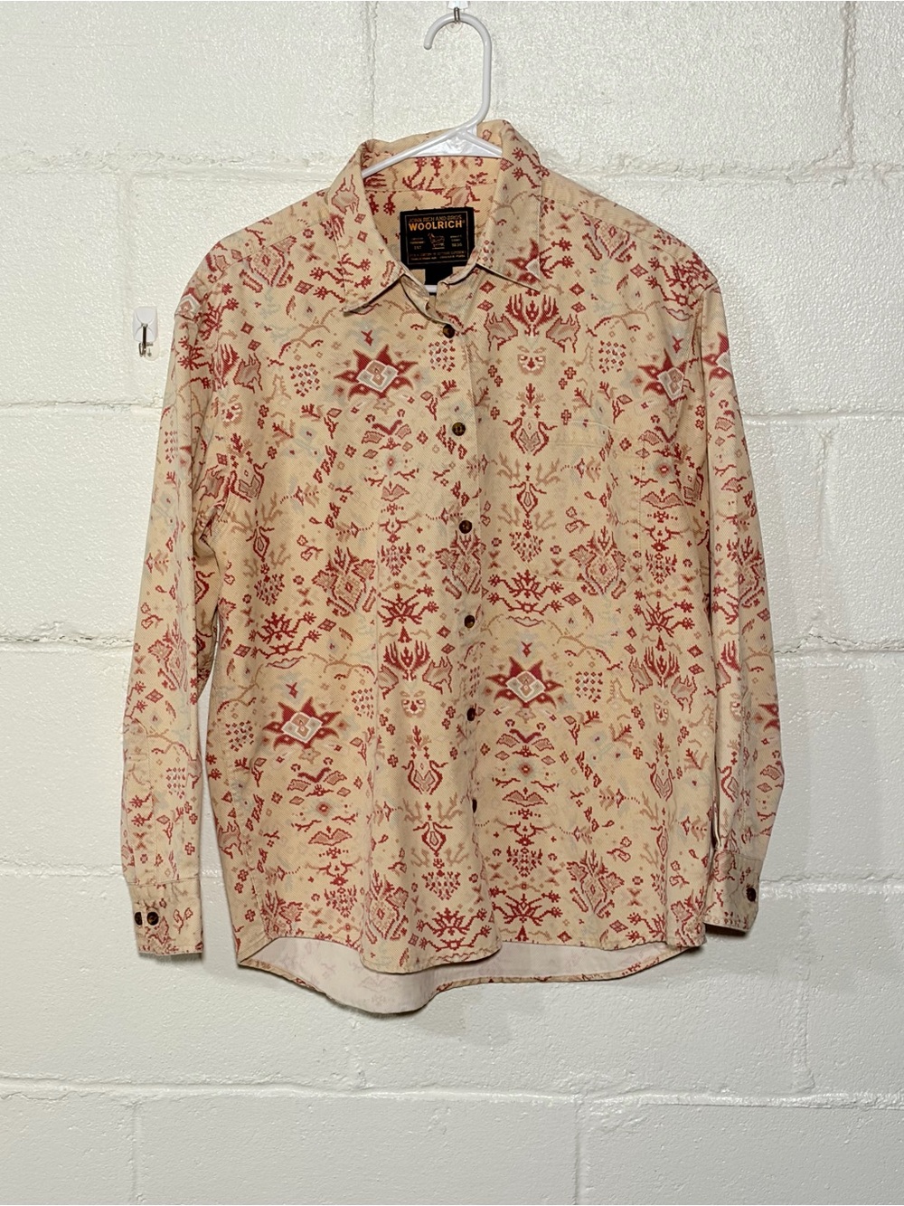 Woolrich Beige Button-Down Shirt with Rust Geometric Print